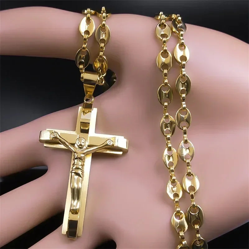 Collier pendentif croix de Jésus pour hommes en acier inoxydable couleur or, chaîne gourmette de café, bijoux chrétiens