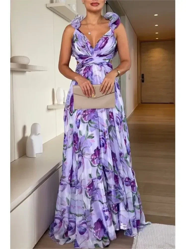 Robe longue en mousseline de soie imprimée sexy 2025, mode estivale, élégante, col en V, volants, coupe ajustée, sans manches, dos nu, robes de soirée pour les vacances