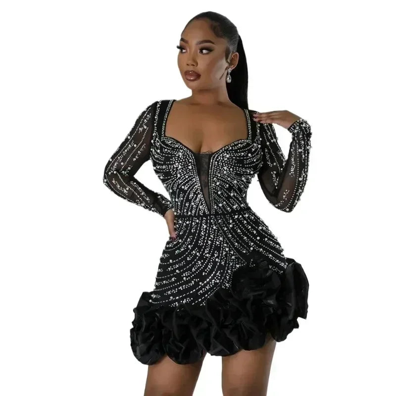 Robes de soirée 2025 Perles Diamants Manches Longues Volants pour femmes Robe de bal brillante élégante pour invitée de mariage Occasion Célébration Anniversaire