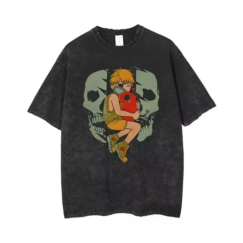 🪚 T-Shirt Graphique Vintage Délavé Chainsaw Man – Streetwear Harajuku