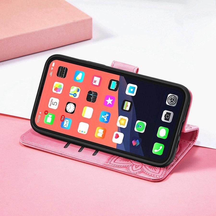 Étui Portefeuille de Luxe Rose Papillon Fleur pour iPhone 14 Pro Max 13 12 Classique Simple Cuir avec Porte-Cartes Béquille Dragonne Rabat pour iPhone