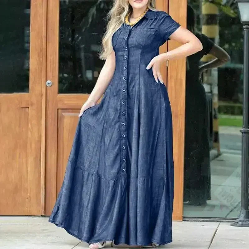 Robe Chemise en Jean Ample à Simple Boutonnage, Robe Décontractée à Manches Courtes avec Poches et Revers, Épissures et Grande Balançoire, Couleur Unie pour Femme, Nouvelle Collection 2024