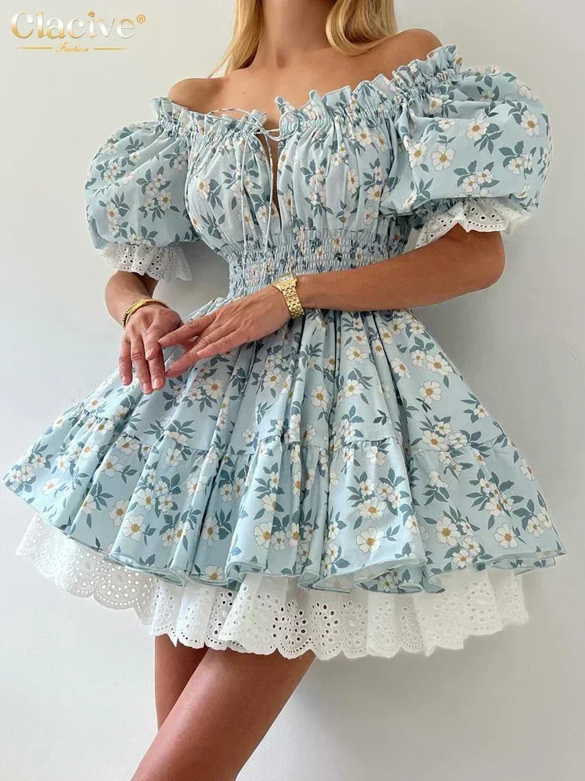 Clacive Robe d'été mince imprimée pour femme, à la mode, col slash, manches courtes, mini robes élégantes, taille haute, patchwork, robe féminine