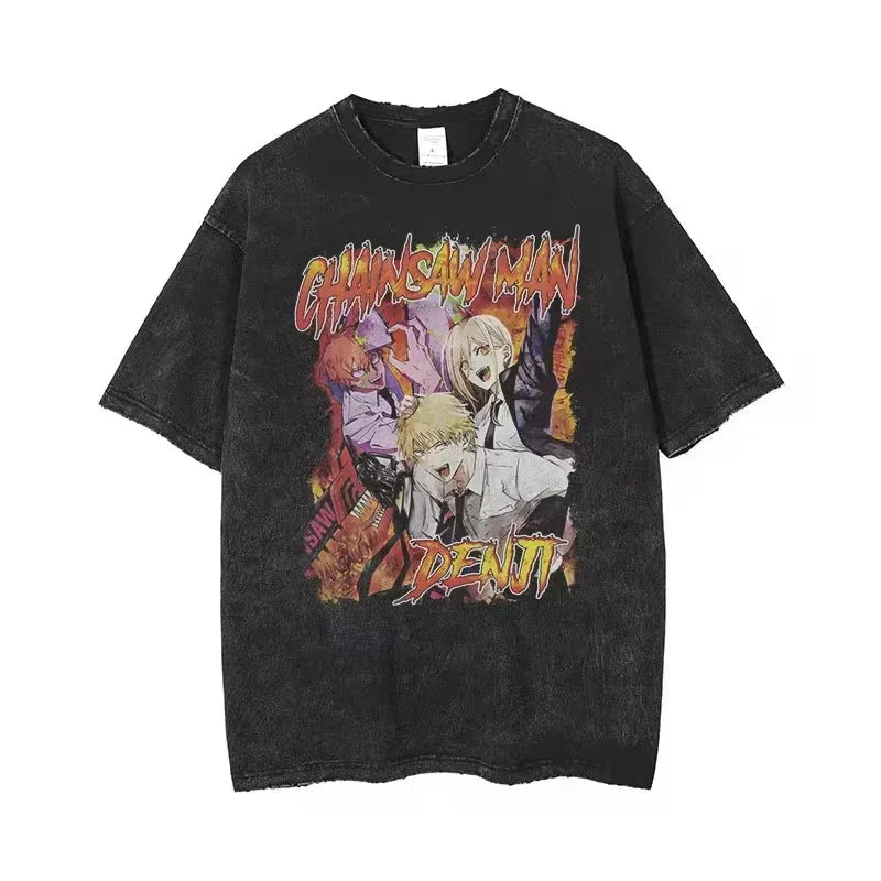 🪚 T-Shirt Graphique Vintage Délavé Chainsaw Man – Streetwear Harajuku