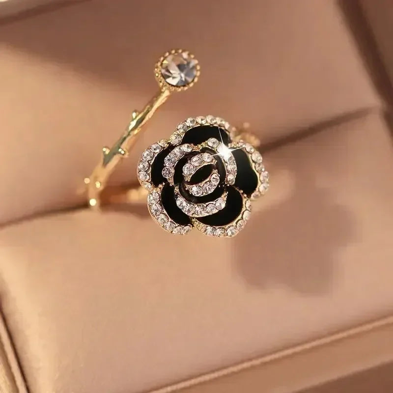 Bagues Ouvrantes en Métal en Forme de Rose Noire pour Femme Fille, Mode Luxe, Zircon Réglable, Bagues d'Index, Bijoux de Fête
