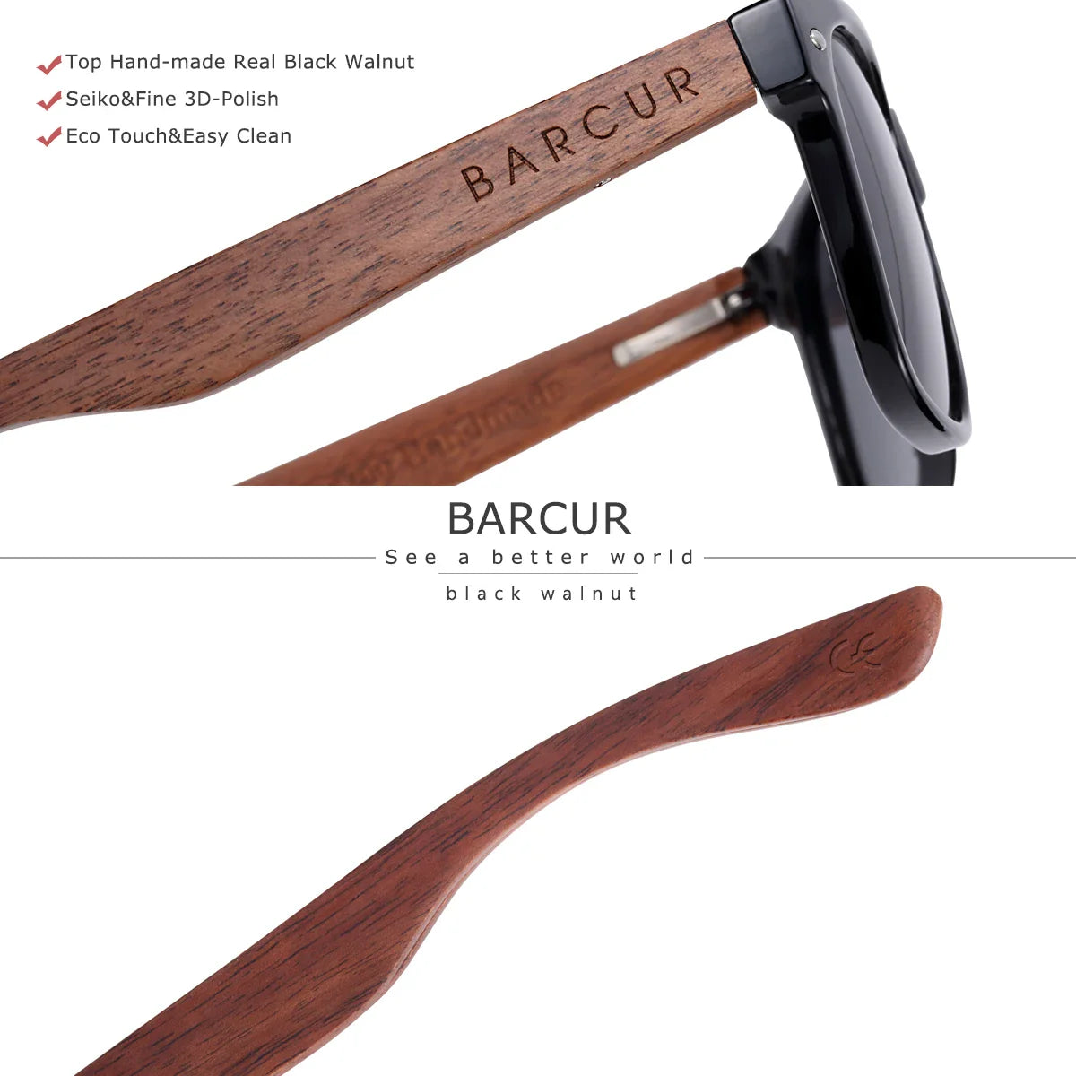BARCUR Lunettes de soleil polarisées en noyer noir pour homme Protection solaire UV400 Monture en bois Verres polarisés Présentées dans une boîte originale de la marque pour l'été