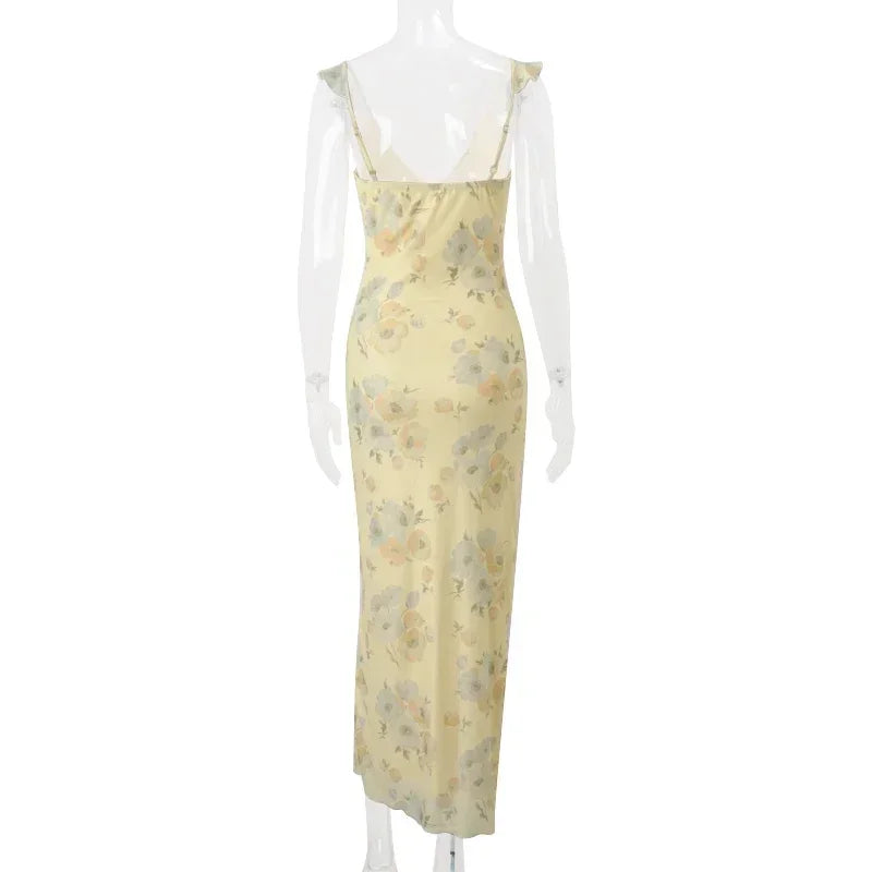 Robe longue jaune fleurie | Robe de soirée d'été rétro col en V -femstylo