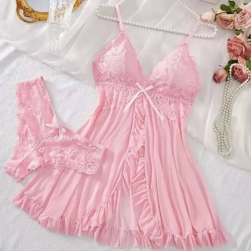 Ensemble de Lingerie Sexy Femme Soutien-gorge Érotique Chemise de Nuit Lingerie en Dentelle Sexy Vêtements de Nuit Couleur Unie Robes Fines et Douces Col en V Nuisette Complète et Robes