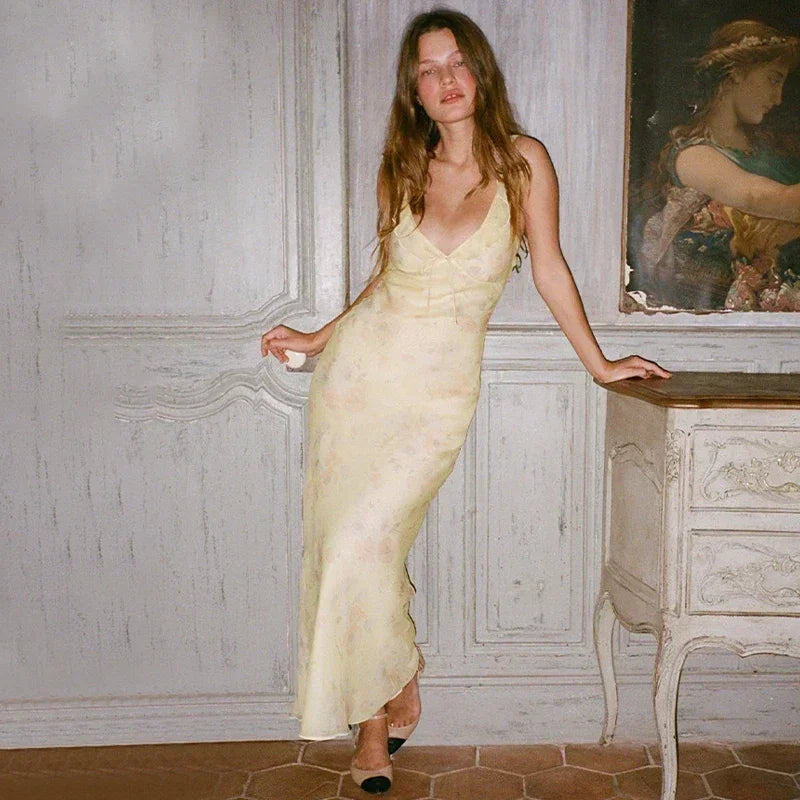 Robe longue jaune fleurie | Robe de soirée d'été rétro col en V -femstylo