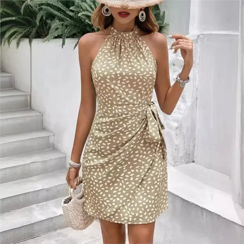 Robe courte plissée florale sans manches à fermeture éclair et col suspendu pour femmes, sexy et décontractée, mini-robe à lacets, Vestidos