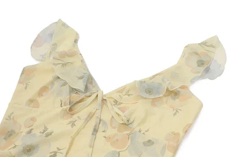Robe longue jaune fleurie | Robe de soirée d'été rétro col en V -femstylo