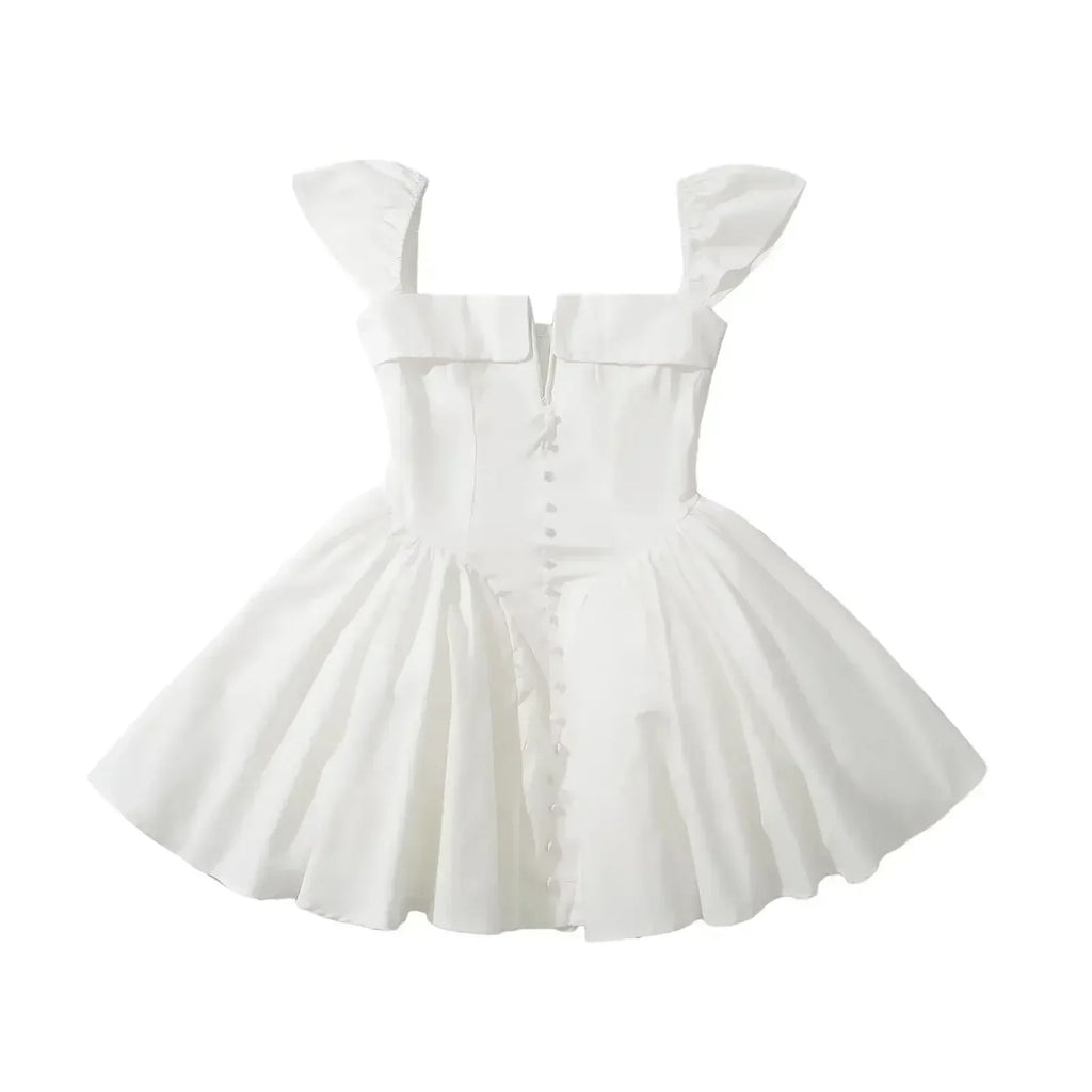 YENKYE Robe d'été blanche courte et évasée pour femme, sexy, à manches courtes, taille basse, élégante, pour soirée, demoiselles d'honneur