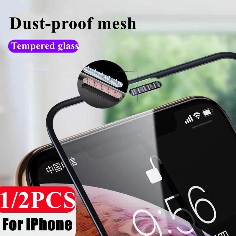 Lot de 2 verres trempés en alliage anti-poussière pour iPhone 14, 13, 12, 11 Pro, XS MAX, XR, protecteur d'écran pour iPhone 13 Mini, 14 Plus, verre de protection bord à bord, entièrement adhésif pour iPhone