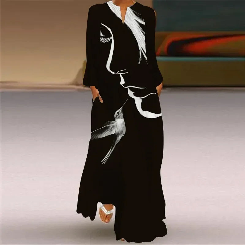 Robe longue maxi imprimée rétro mode Y2K à manches longues, ample, S-5XL