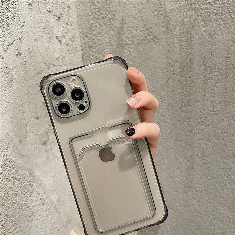 Étui transparent porte-cartes pour iPhone 13 11 12 14 Pro Max Mini Coque souple antichoc transparente avec porte-cartes Étui de téléphone transparent avec porte-cartes Coque fine de protection souple antichoc avec porte-cartes