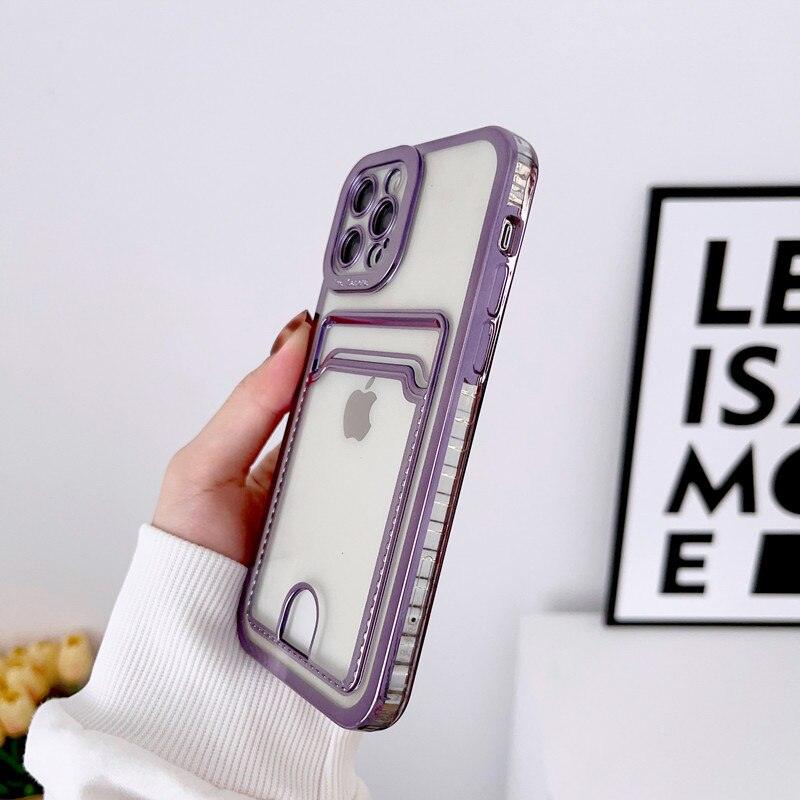 Étui de téléphone carré de luxe pour iPhone 13 11 14 12 Pro Max Mini XS XR 6s 7 8 Plus SE Coque souple en silicone avec porte-cartes Emplacement pour carte transparent Étui de protection mince en portefeuille souple