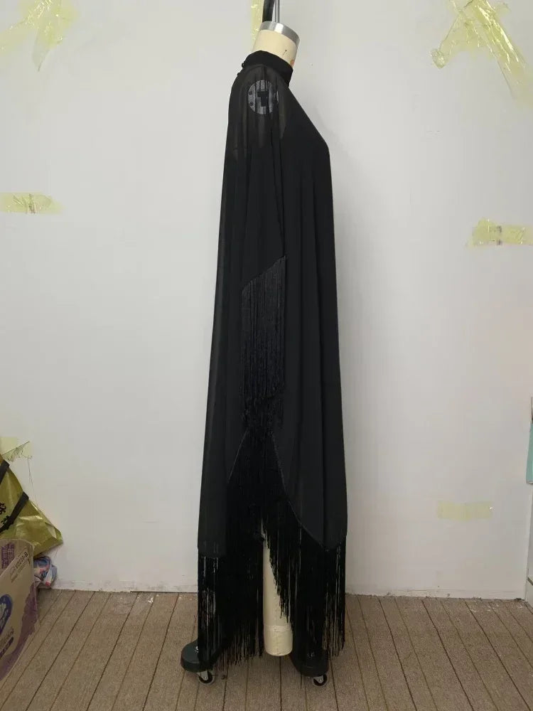 Yeezzi 2025 Nouvelle Mode Printemps Robes de Soirée Transparentes à Franges Femme Manches Chauve-Souris Couleur Unie Col Montant Ensemble Deux Pièces Robe