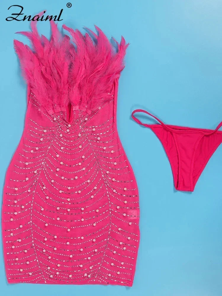 Znaiml Robes moulantes dos nu transparentes en maille diamantée avec strass et plumes sexy pour femme, boîte de nuit, fête d'anniversaire, soirée, Vestidos