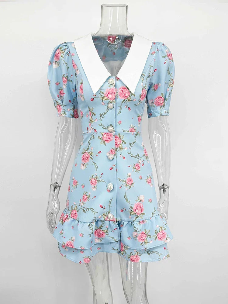 Mini-robe à manches bouffantes et col en V | Robe imprimée à volants et boutons en perles - Femstylo