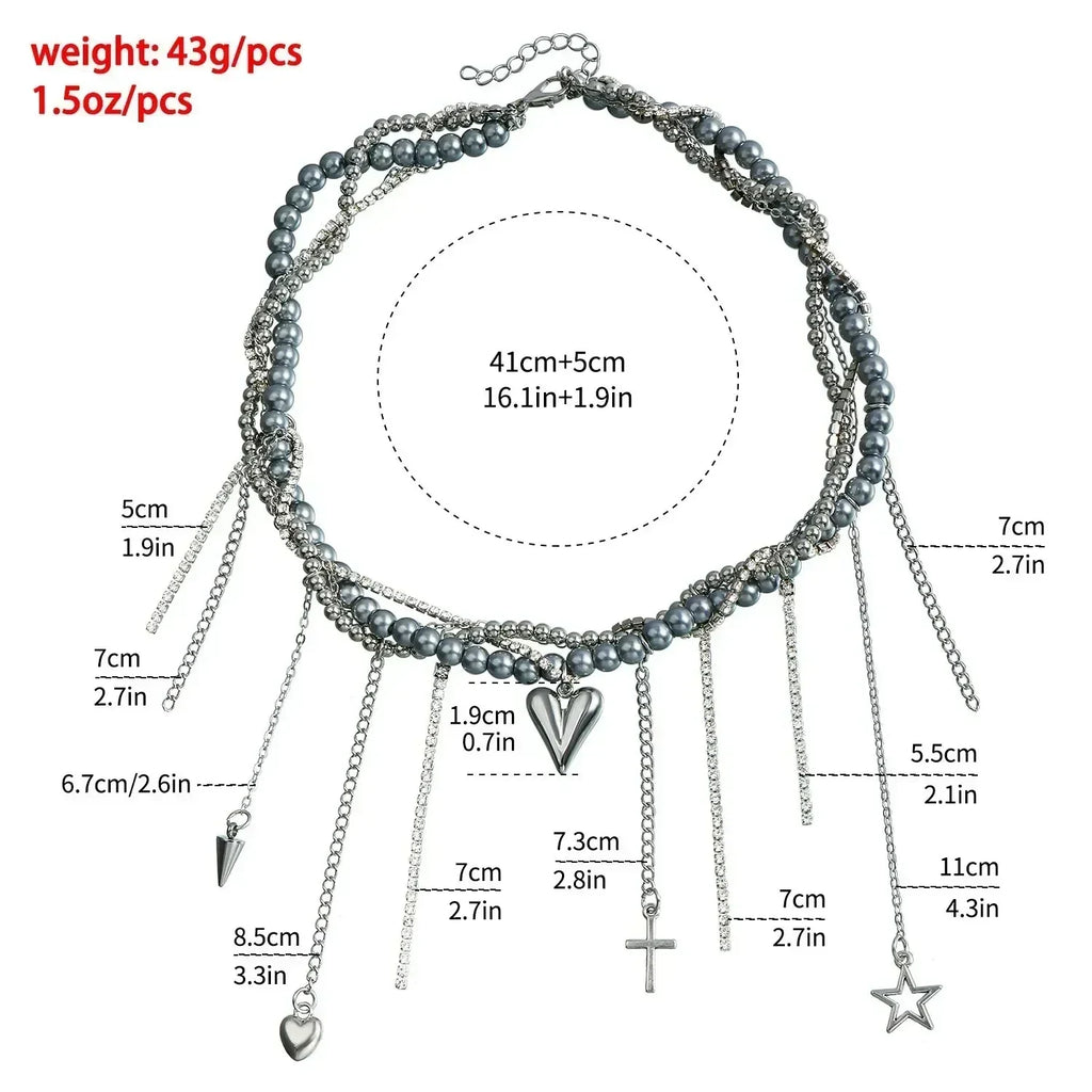Collier Cœur Perlé Tendance pour Femmes Style Bohème Élégant Chaîne en Cristal Irrégulier Ras du Cou Y2K Exquis Cadeau de Fête Bijoux Accessoires