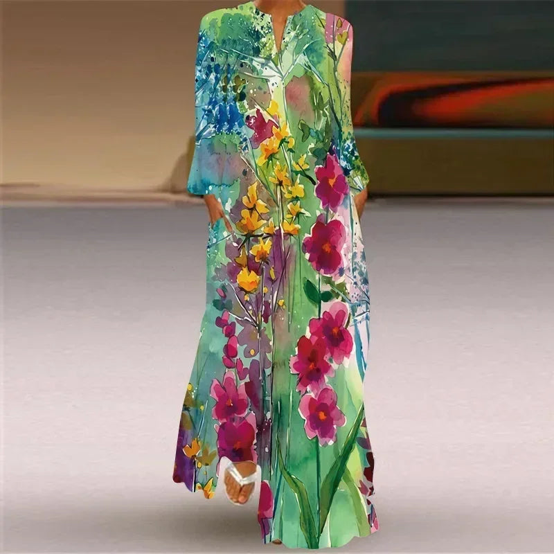 Robe longue maxi imprimée rétro mode Y2K à manches longues, ample, S-5XL