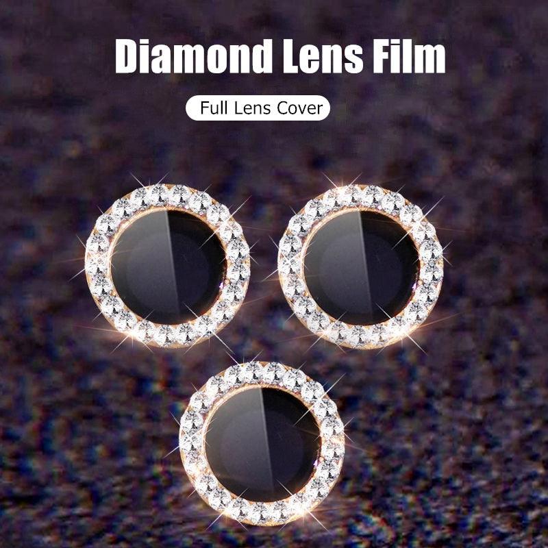 Verre trempé avec anneau métallique, strass et paillettes pour appareil photo iPhone 11 12 13 14 Pro Max Mini Plus, protection d'objectif à couverture complète 9H, protection d'objectif en verre trempé avec anneau métallique unique à couverture complète
