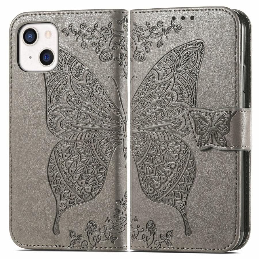 Étui Portefeuille de Luxe Rose Papillon Fleur pour iPhone 14 Pro Max 13 12 Classique Simple Cuir avec Porte-Cartes Béquille Dragonne Rabat pour iPhone