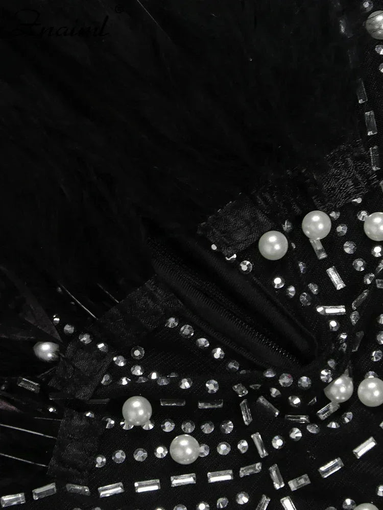 Znaiml Robes moulantes dos nu transparentes en maille diamantée avec strass et plumes sexy pour femme, boîte de nuit, fête d'anniversaire, soirée, Vestidos