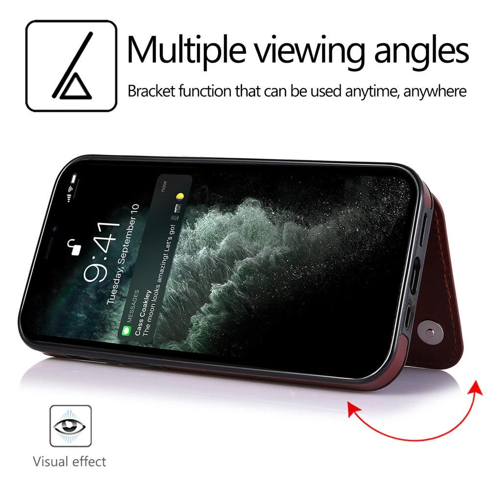 Étui en cuir de luxe pour iPhone 14 12 13 Mini 11 Pro XR XS Max 6 6s 7 8 Plus 5 5s, portefeuille, fente pour cartes de téléphone, étui à rabat en cuir PU avec béquille, fentes pour cartes, double fermoir magnétique, étui antichoc durable pour iPhone