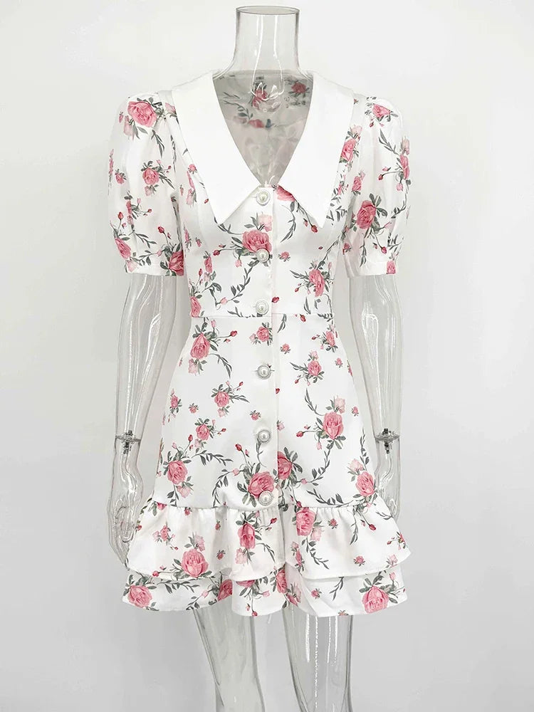 Mini-robe à manches bouffantes et col en V | Robe imprimée à volants et boutons en perles - Femstylo