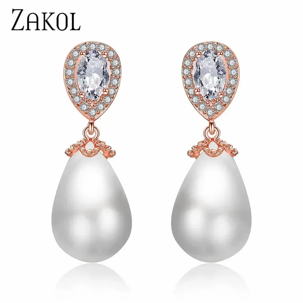 ZAKOL Élégantes Boucles d'Oreilles Pendantes Goutte d'Eau en Perles d'Imitation et Oxyde de Zirconium pour Femme, Bijoux de Mariage