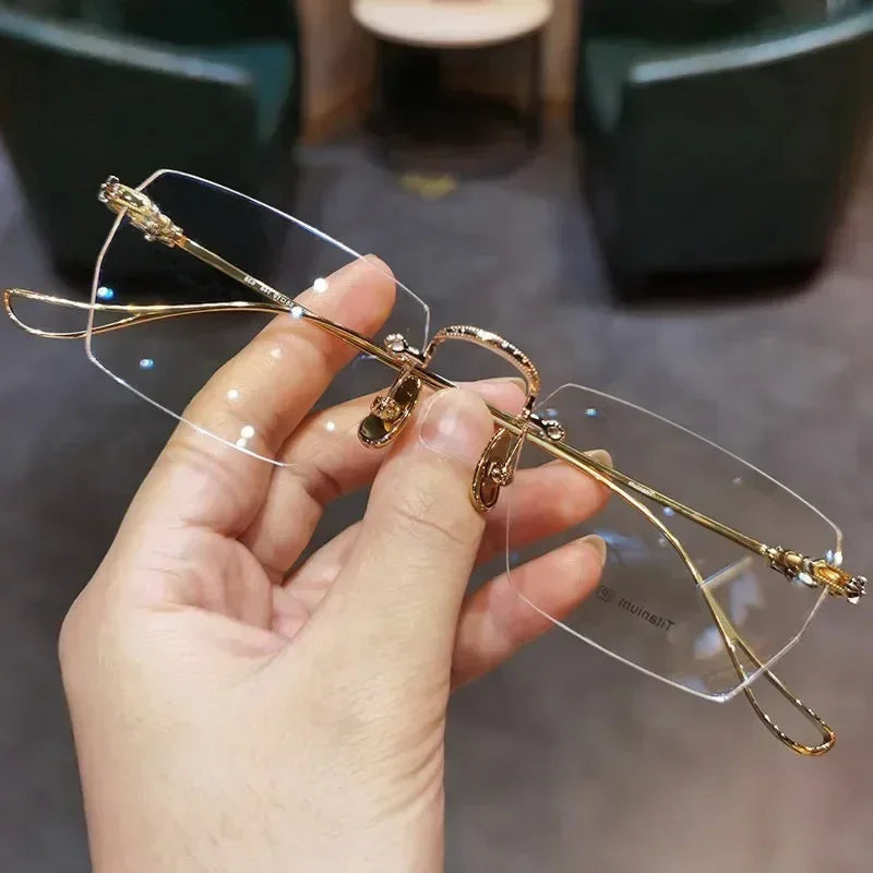 Nouvelles Lunettes de Myopie Photochromiques Tendance Vintage Sans Monture Carrées Femme Homme Anti Lumière Bleue UV Lunettes de Soleil Optiques Dioptre