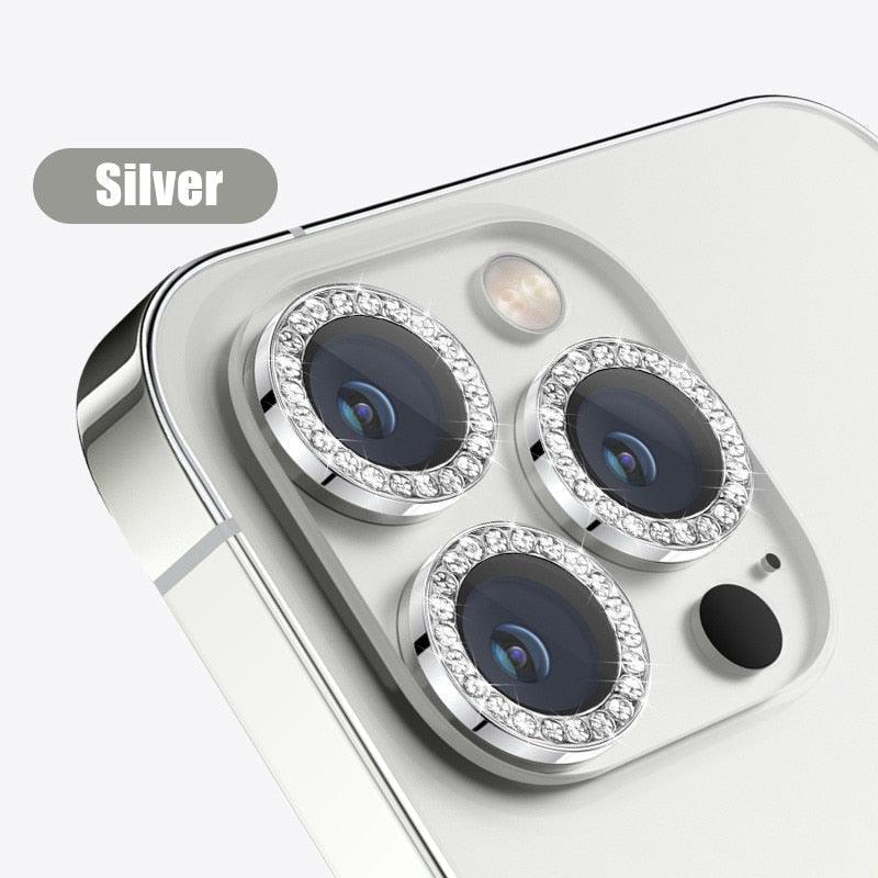Verre trempé avec anneau métallique, strass et paillettes pour appareil photo iPhone 11 12 13 14 Pro Max Mini Plus, protection d'objectif à couverture complète 9H, protection d'objectif en verre trempé avec anneau métallique unique à couverture complète