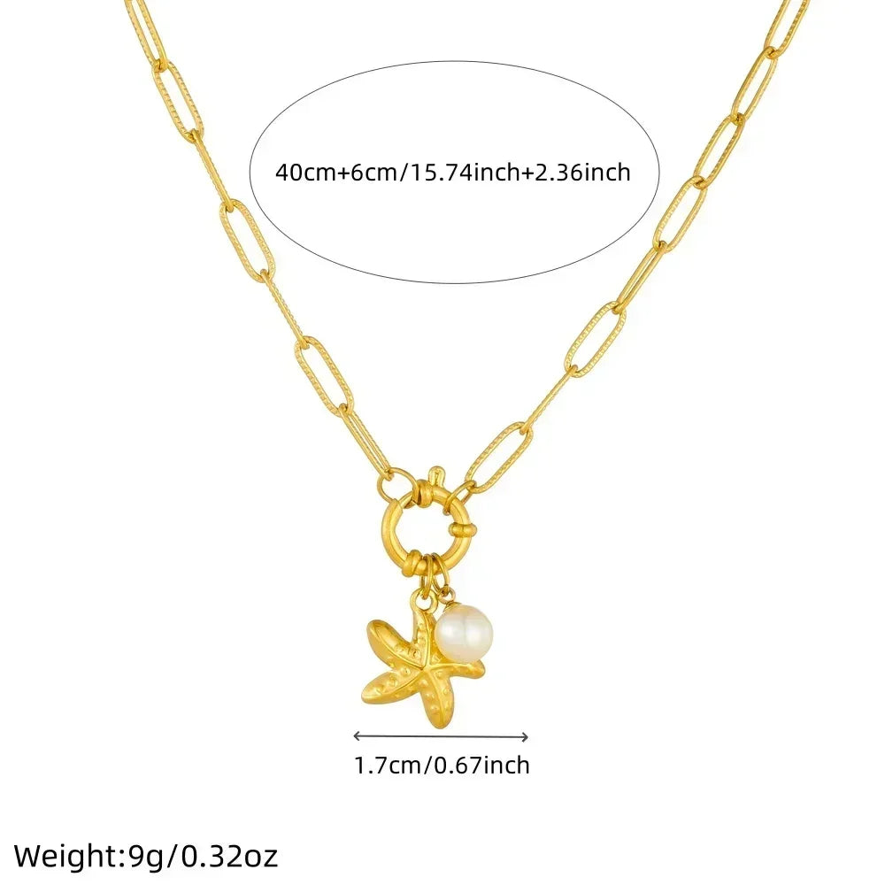 DIEYURO Collier pendentif étoile de mer perle en acier inoxydable 316L doré style océanique, nouveau bijou de chaîne de cou pour femme, cadeau d'été sur la plage