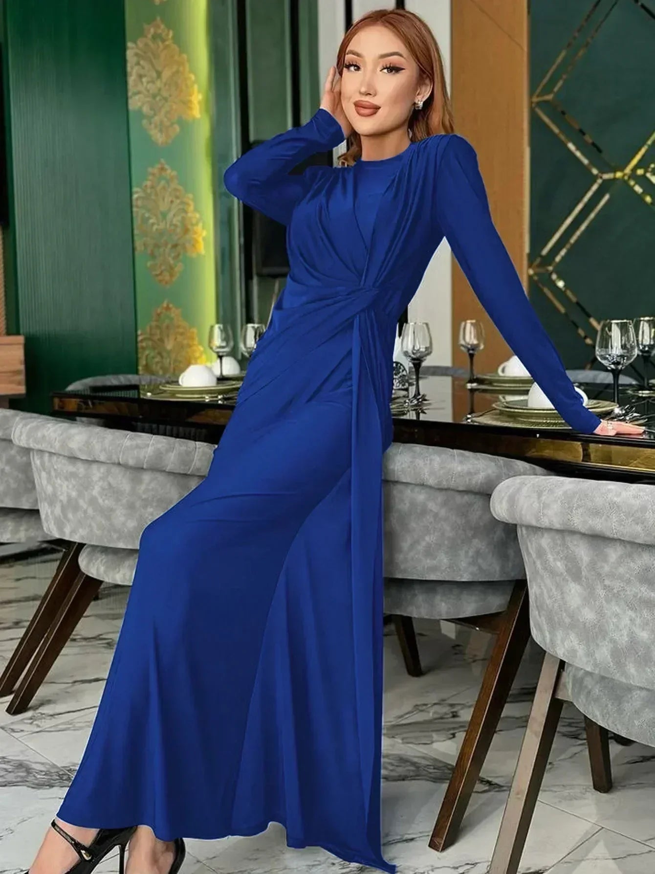 Robe longue Dulzura à manches longues et épaulettes, froncée, unie, élégante, pour bal de promo ou soirée, tenue d'automne et d'hiver pour femme
