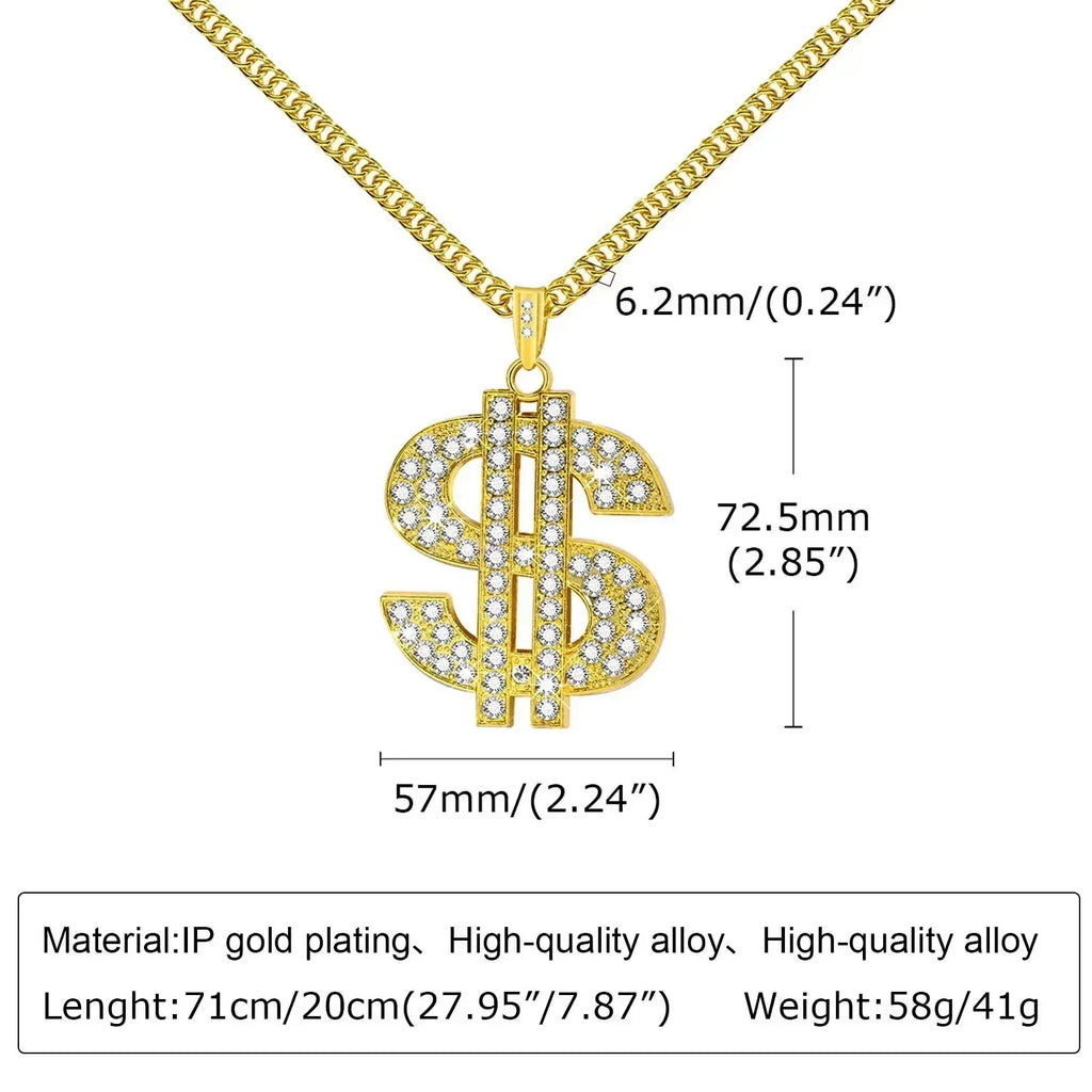 Colliers couleur or pour homme avec pendentif dollar, chaîne cubaine, pendentif dollar hip-hop, collier, cadeaux bijoux pour festival de musique