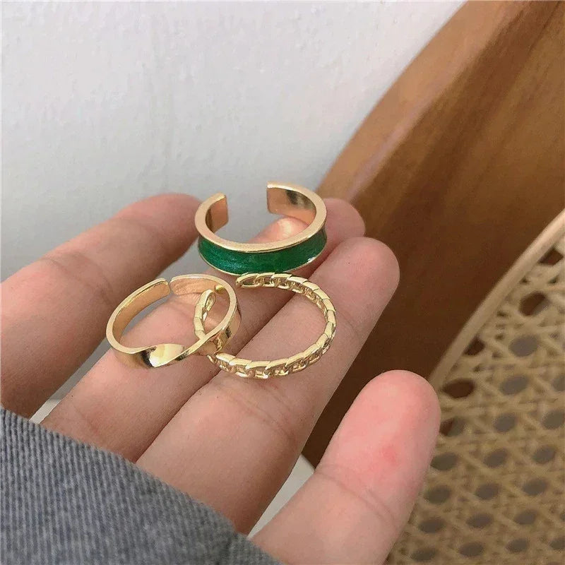 Lot de 3 Bagues Ouvertes Réglables pour Femmes, Émail Blanc Vert Torsadé Tressé Géométrique, Set de Bagues Tendance, Bijoux Punk Personnalisés
