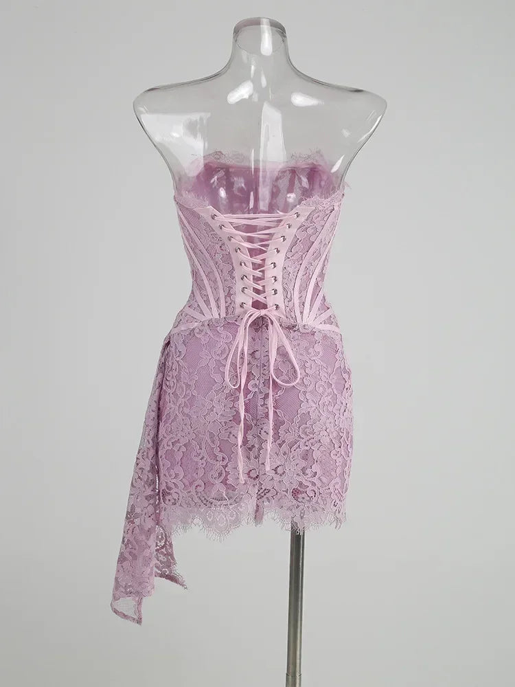 TARUXY Robe Corset Sexy en Dentelle Transparente et Patchwork, Robe Moulante Élégante de Soirée, Mini Robe Irrégulière pour Femme, Robe Bustier Nouvelle Collection