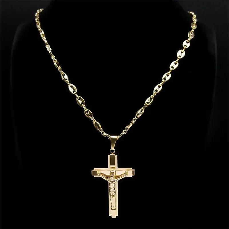 Collier pendentif croix de Jésus pour hommes en acier inoxydable couleur or, chaîne gourmette de café, bijoux chrétiens