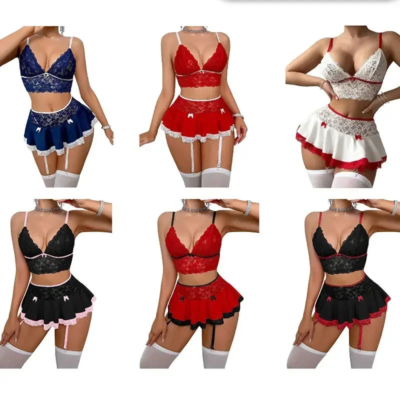 Lingerie Tentation Cosplay Uniforme Soutien-gorge et culotte transparents Porte-jarretelles Ensemble de sous-vêtements Robe Tenue sexy Costumes Nuisettes String