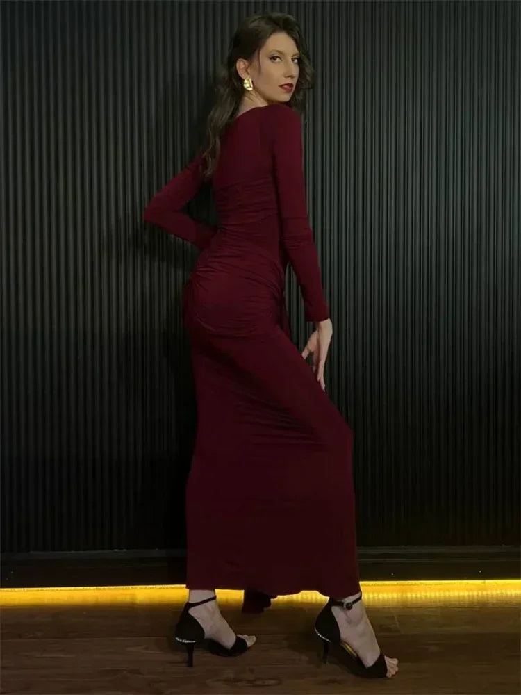 Robe longue plissée sexy pour femme Y2K, robe moulante de rue d'automne, robe patchwork torsadée à manches longues unies pour femme