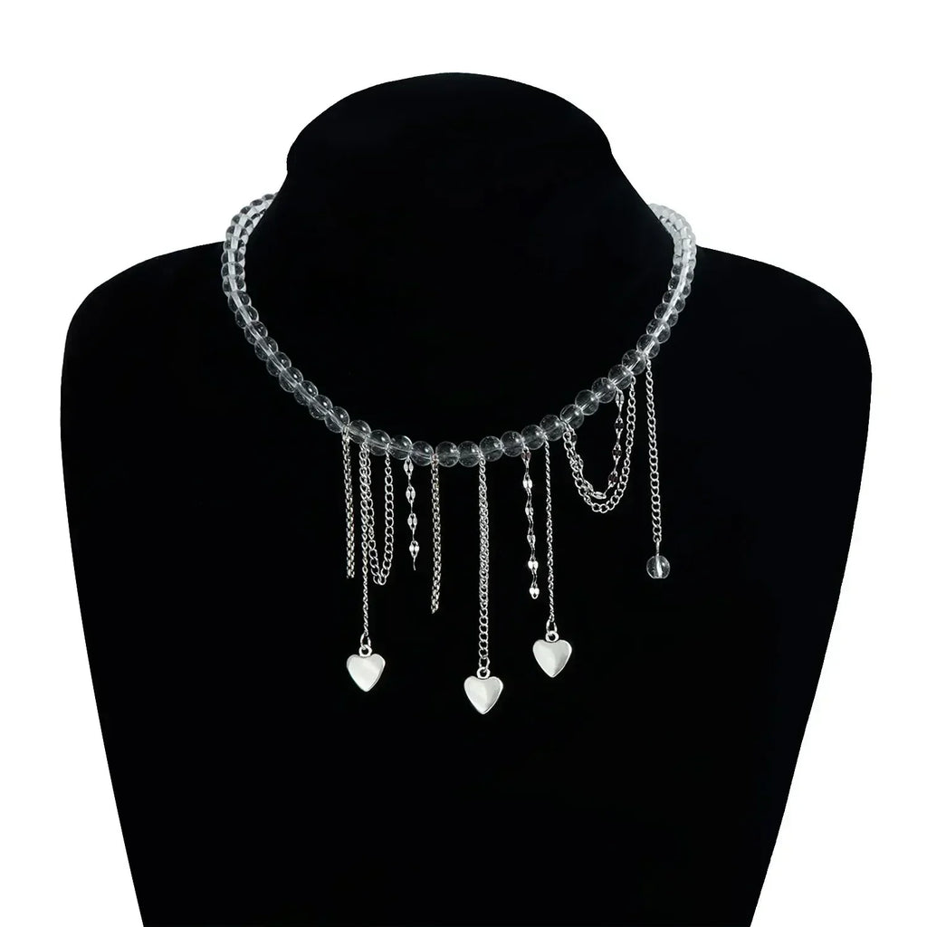 Collier Cœur Perlé Tendance pour Femmes Style Bohème Élégant Chaîne en Cristal Irrégulier Ras du Cou Y2K Exquis Cadeau de Fête Bijoux Accessoires