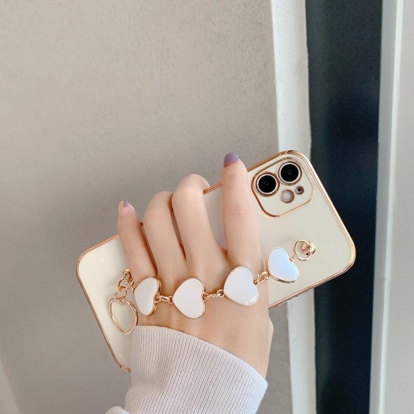 Coque de luxe en silicone pour femme avec bracelet chaîne pour iPhone, coque bracelet pour iPhone 13 12 11 Pro Max, coques avec chaîne en cœur pour iPhone 7 8 Plus XR XS Max X