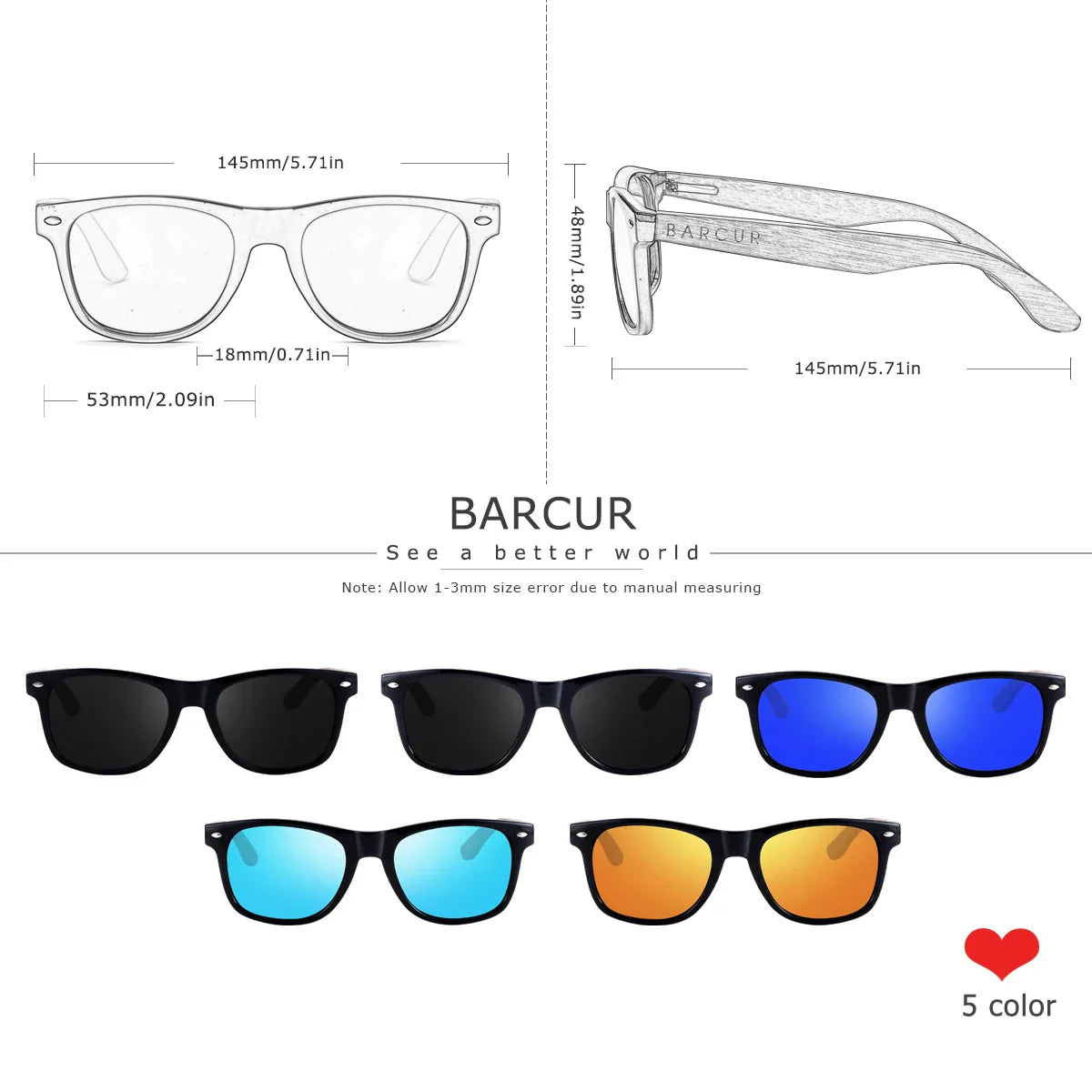 BARCUR Lunettes de soleil polarisées en noyer noir pour homme Protection solaire UV400 Monture en bois Verres polarisés Présentées dans une boîte originale de la marque pour l'été