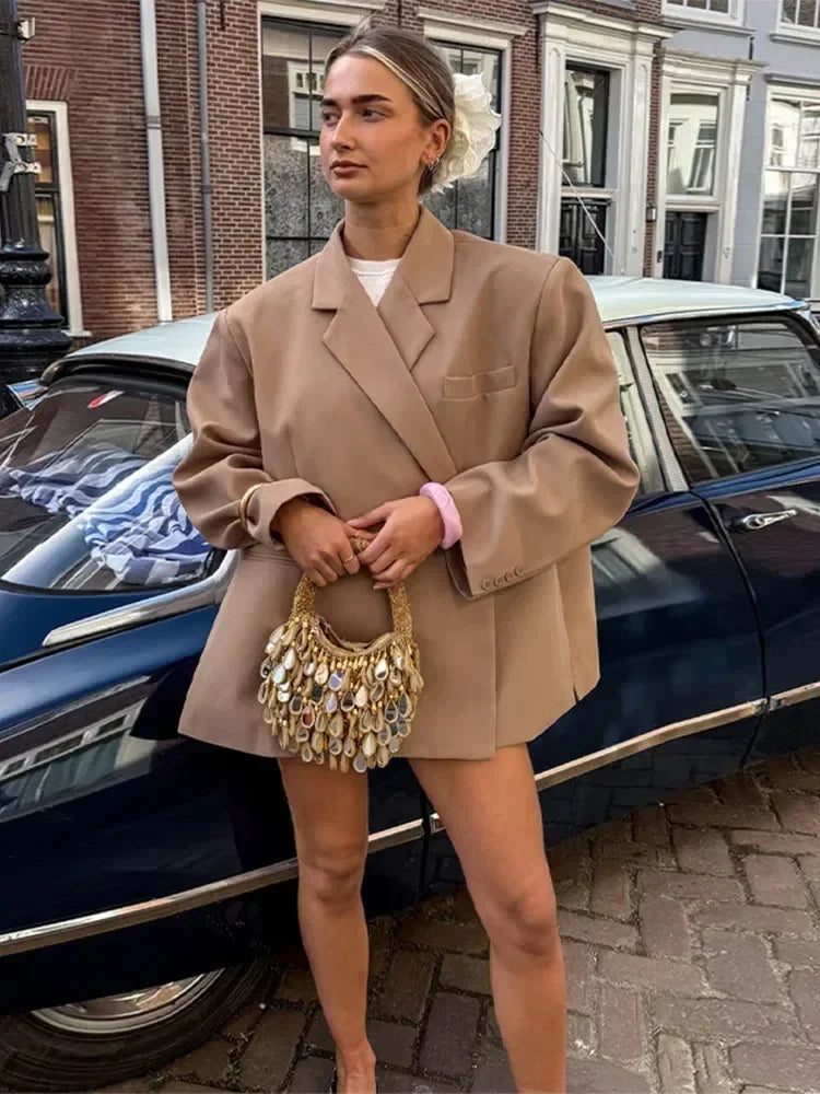 Veste de costume col V boutonnée sur le côté pour femme Manches longues couleur unie Manteaux Poignets poches Hauts oversize Vêtements féminins style urbain