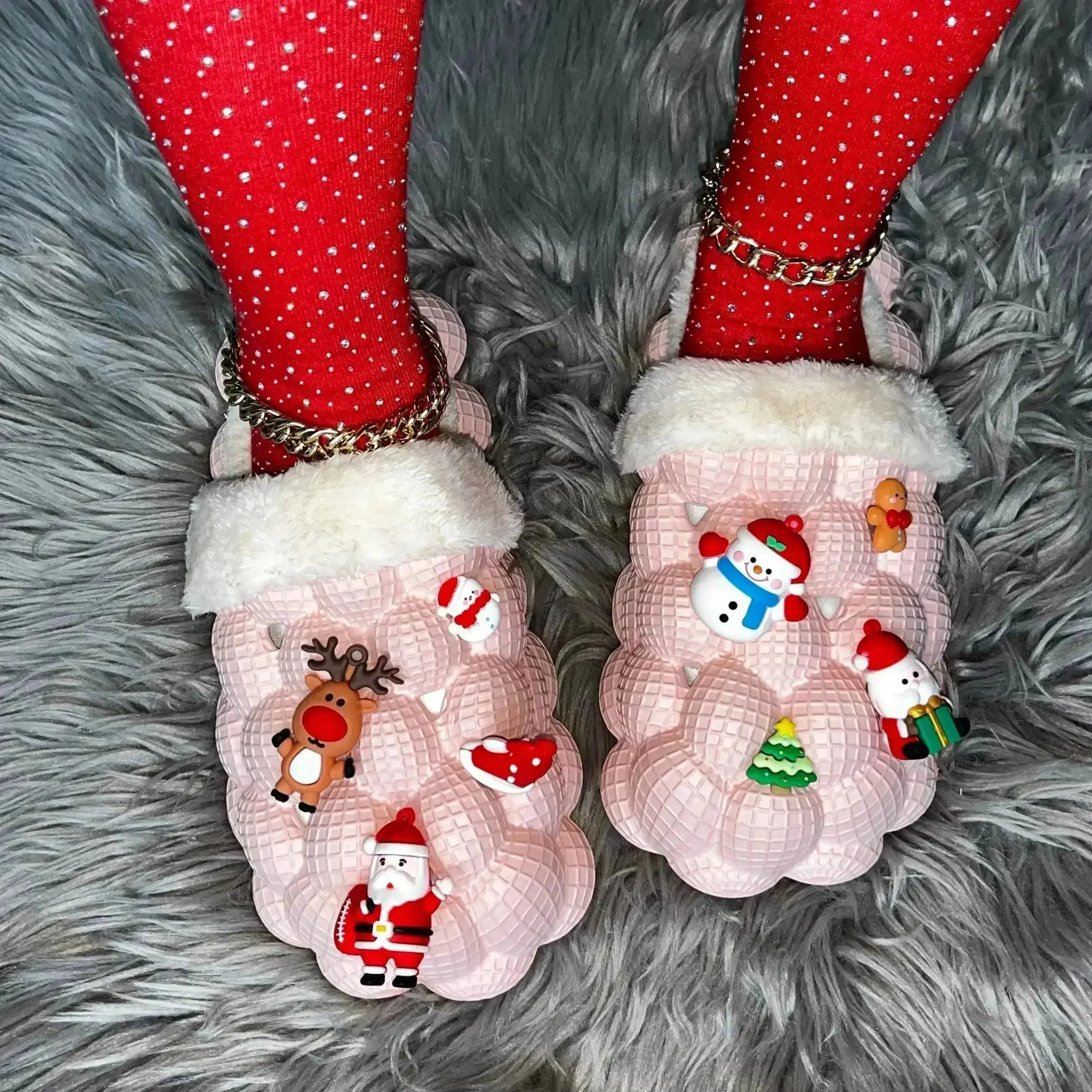 Pantoufles de maison roses en fourrure pour Noël, drôles, à bulles, à faire soi-même