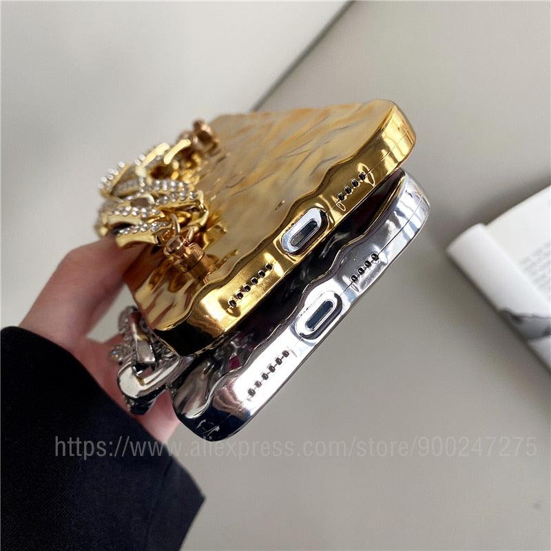 Bracelet Électroplaqué Plaqué Or de Luxe Compatible avec Coque iPhone Diamant Mignonne Étincelante de Luxe Paillettes Strass Coque Téléphone Pour iPhone 14 13 Promax 11 12 Pro Max Mini Xs Max XR 8 7 Plus Housse Miroir