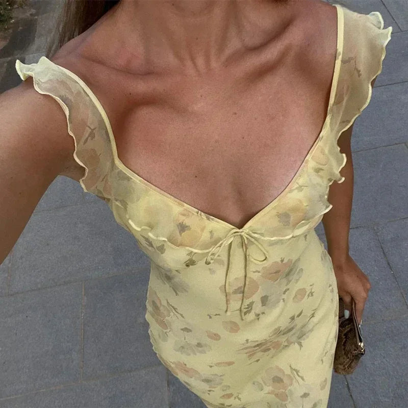 Robe longue jaune fleurie | Robe de soirée d'été rétro col en V -femstylo