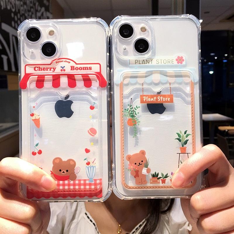 Étui de téléphone mignon dessin animé avec porte-cartes pour iPhone 14 Pro Max 13 12 11 X XR XS 7 8 Plus Coque de téléphone transparente antichoc au design unique et amusant
