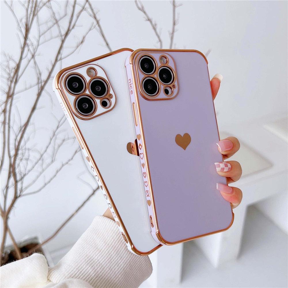 Étui de téléphone de luxe en silicone souple antichoc avec protection intégrale de l'objectif pour filles, étui de téléphone pour iPhone 14 13 12 Pro 12Mini, étui de téléphone antichoc élégant avec cœur d'amour pour femmes